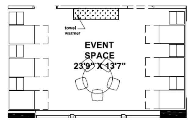 Floor plan of an event space with tables, chairs, and a labeled towel warmer; space is 23'9" x 13'7".