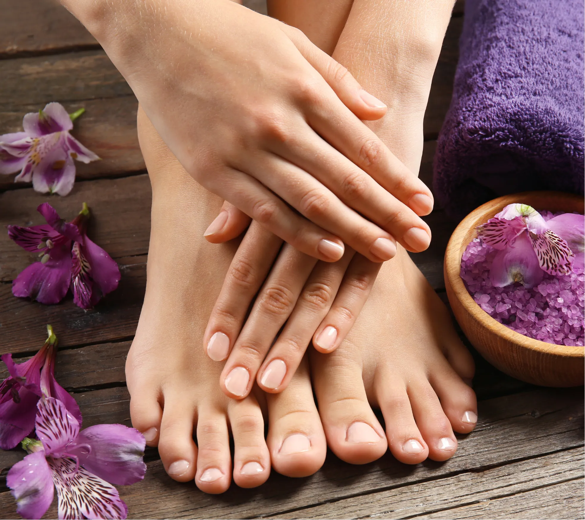 why-choose-1 Hands and feet with neatly manicured nails, surrounded by purple flowers and spa items on a wooden surface.