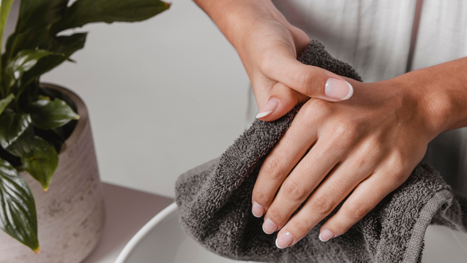 2148760401 Close-up of hands drying with a dark towel next to a potted plant and a wash basin.